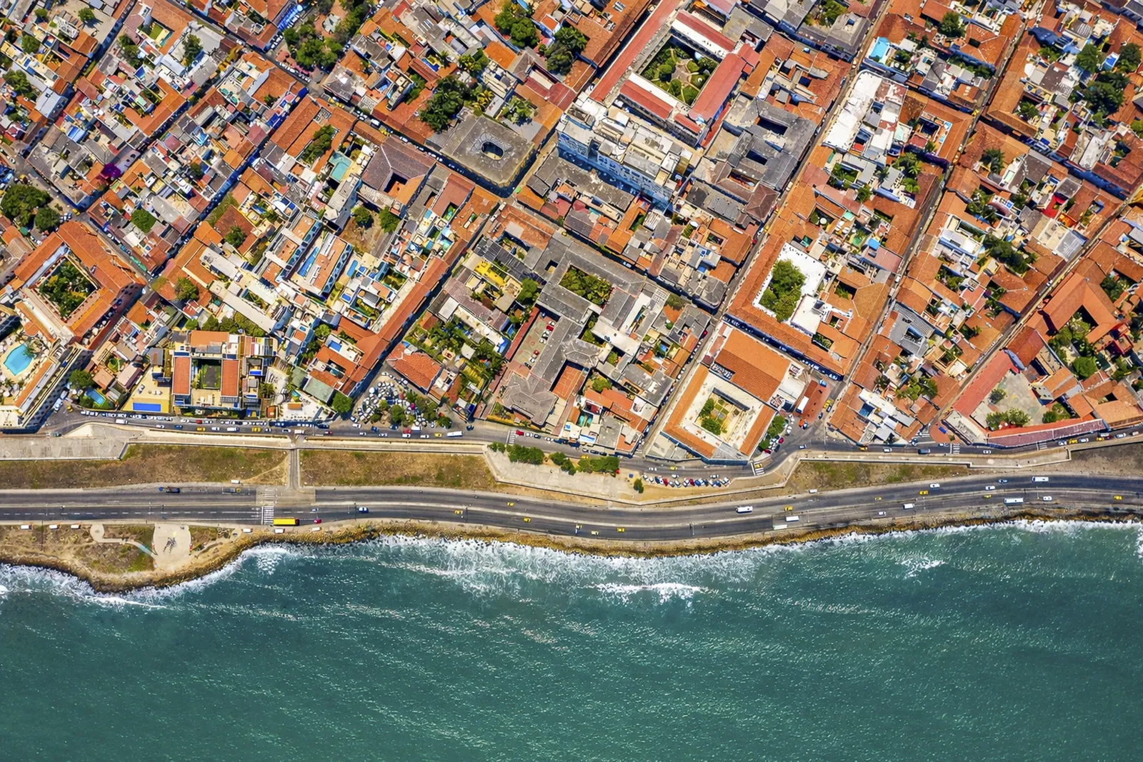 Aerial view of the walled city of Cartagena and the Caribbean Sea
