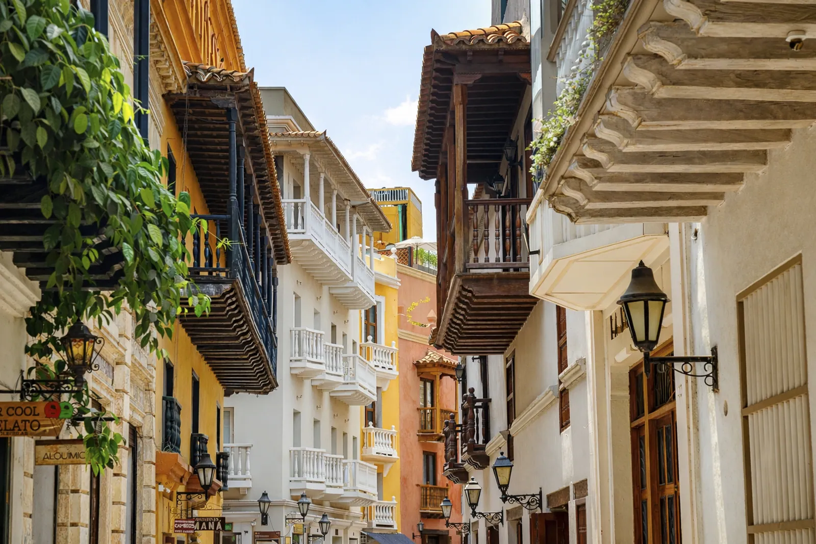 Flower-filled balconies on a colonial street in Cartagena de Indias
