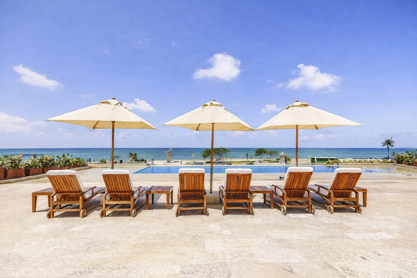 Terrace with sun loungers and parasols beside the pool, Casa del Boquetillo, Cartagena