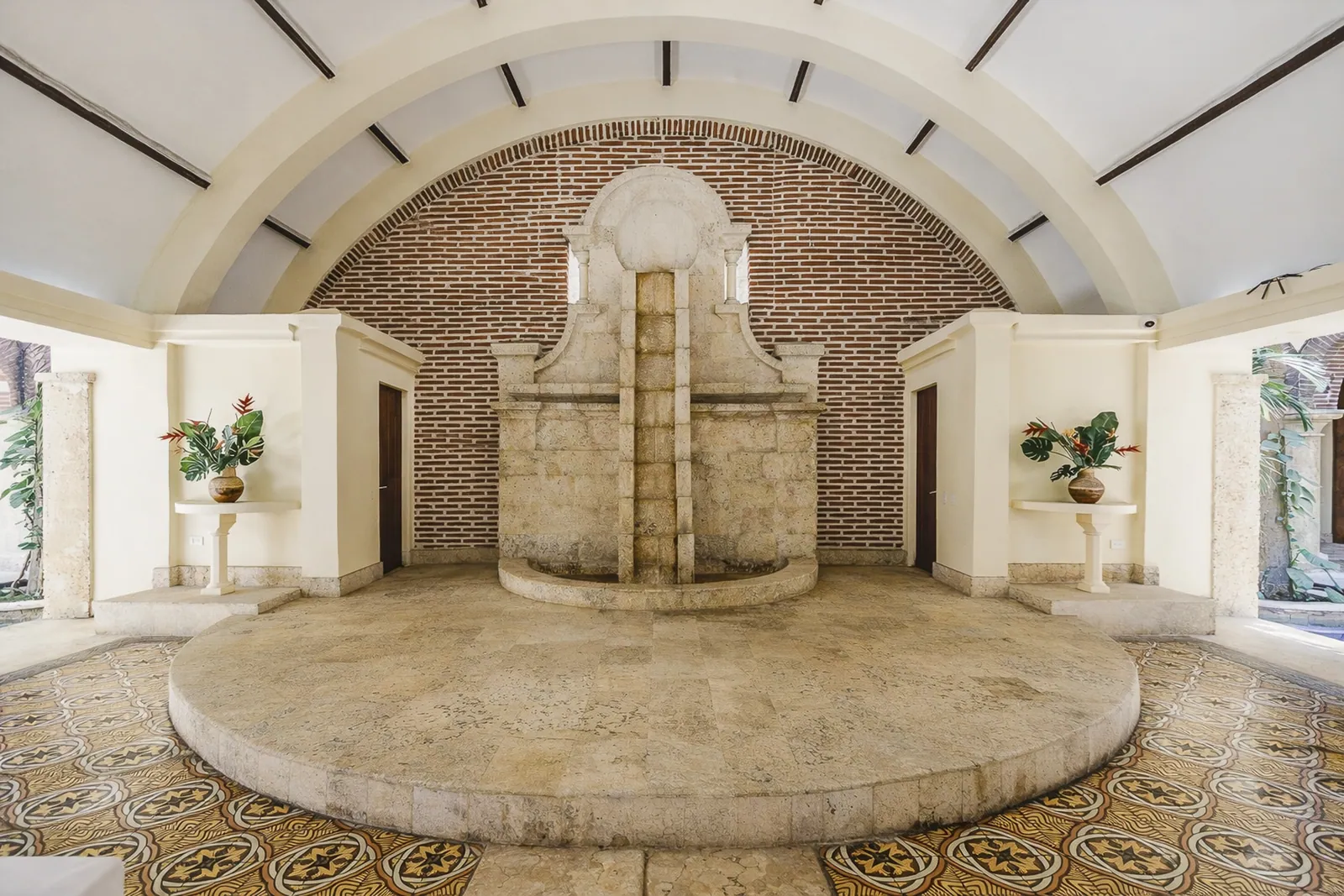 Restored colonial fountain in the lobby of Casa del Boquetillo